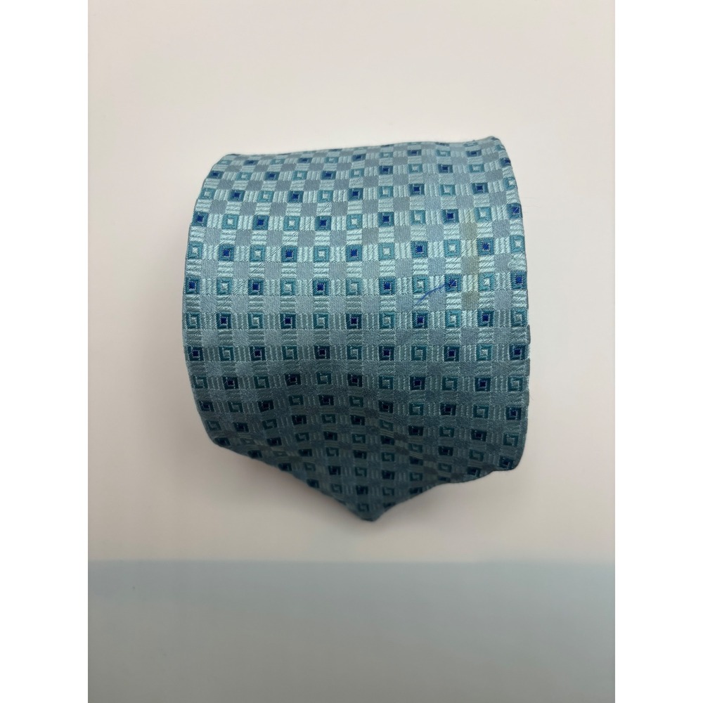 Canali Italy Silk Necktie Blue Geometric Square Pattern Mens Luxury Tie